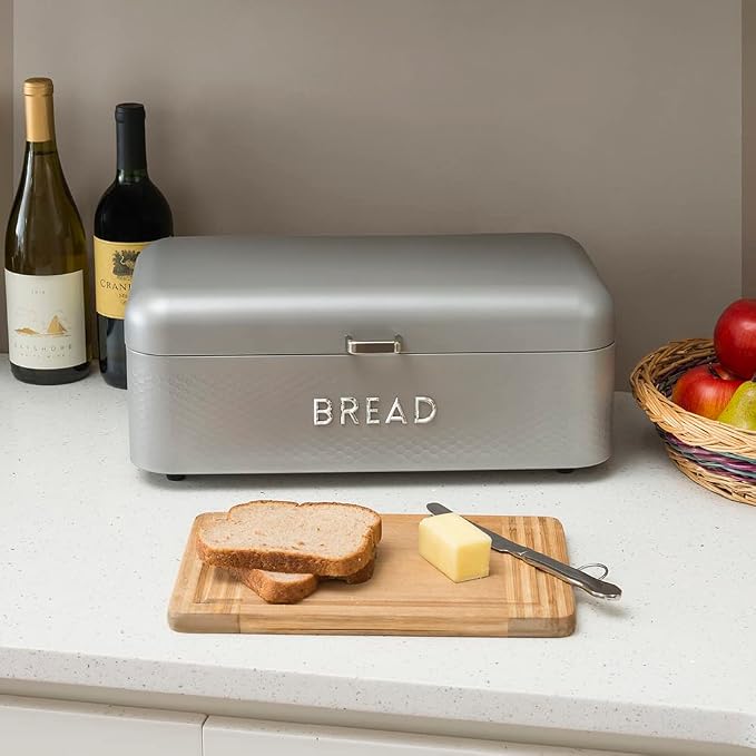 Soho Bread Box For Kitchen Countertop, Metal, (Grey) | By Home Basics, Vented With Hinge Top | Large Bread Box | Keeps Loaves, Bagels, Croissants Fresh