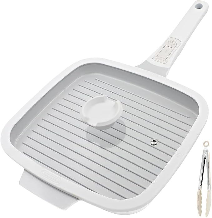 RANX INGST Nonstick Ceramic Griddle Pan with Lid, 10 Inch Steak Pan- White | Detachable Handle Induction Compatible