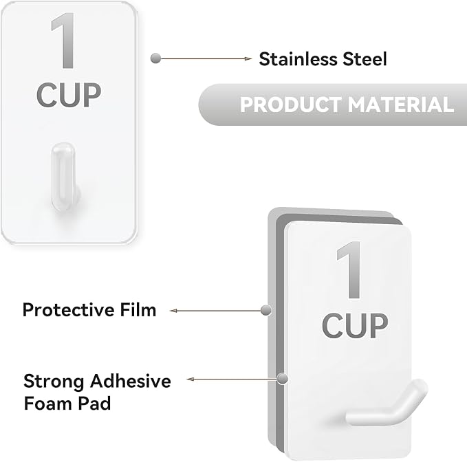 12 Pack Stainless Steel Hooks for Measuring Cups and Spoons with Stickers