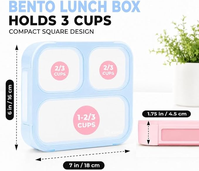 kinsho Medium Bento Boxes for Kids, Lunch Box for Boys Girls Toddler Adults, Leak-Proof 3 Compartment Containers for Meal or Snack at School Daycare Work Travel, BPA Free 2 Pack (Pastel Blue + Pink)