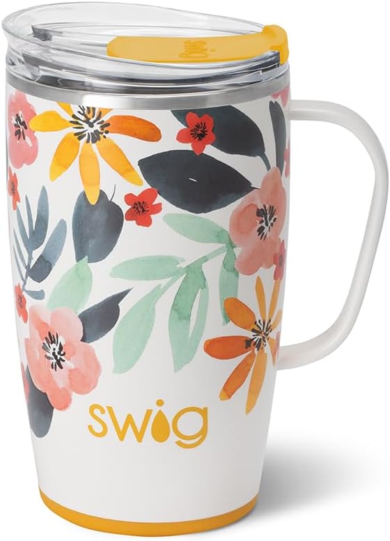 Swig Life 18oz Insulated Travel Mug with Handle & Lid, Honey Meadow | Triple Insulated Stainless Steel - Handle & Lid Included - Keeps Coffee Hot or Cold - Cup Holder Friendly