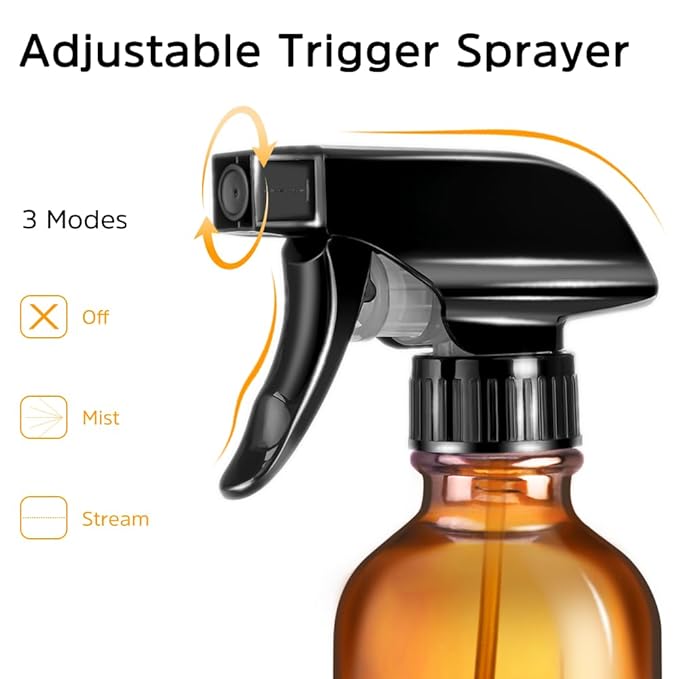 Tecohouse Small Glass Spray Bottles 4 OZ, 2 Pack Amber Glass Spray Bottles | Empty Spray Bottles for cleaning, Plants, Pets, Hair, Durable Spray Nozzle, Fine Mist, Labels, Funnel, Pipettes, Reusable