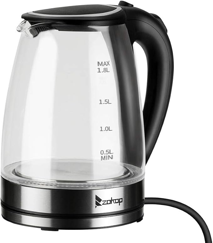 Electric Kettle 1.8l, BPA-Free Borosilicate Glass Stainless Steel Blue LED, 360° Base, Auto Shut-Off and Boil-Dry, Glass Carafe No Plastic Contact With Water, Wide Mouth for Easy Cleaning