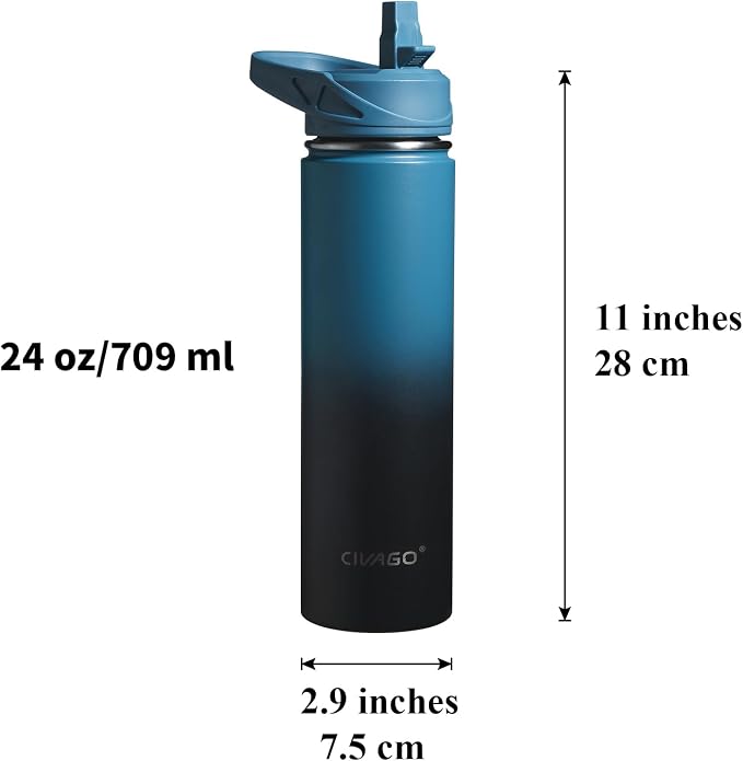 CIVAGO 24 oz Insulated Stainless Steel Water Bottle With Straw and 3 Lids | Large Metal Sports Water Jug, Leakproof Reusable Wide Mouth Thermal Flask Cup with Silicone Boot, BPA-Free, Gradient Gray