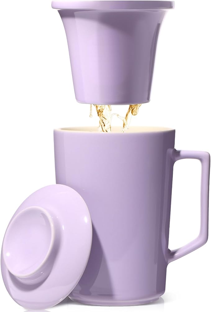 15 OZ Ceramic Tea Cup with Infuser and Lid,Tea Mug with All-Porcelain Strainer for Loose Leaf Teas,Microwave and Dishwasher Safe,Metal-Free,BPA-Free for Tea-Lovers,Birthday (Purple)