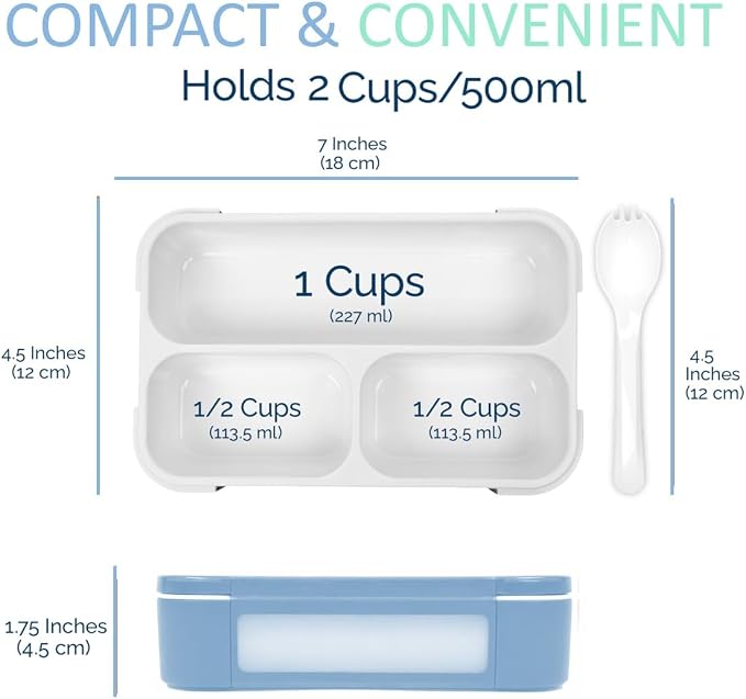 kinsho Small Snack Containers for Kids, Set of 2 (Pastel Blue+Teal Sparkle) | 3 Compartments, Leak-Proof, Spill Proof, BPA-Free Reusable Small Mini Bento Lunch Box for Daycare School Travel, Holds 2 Cups