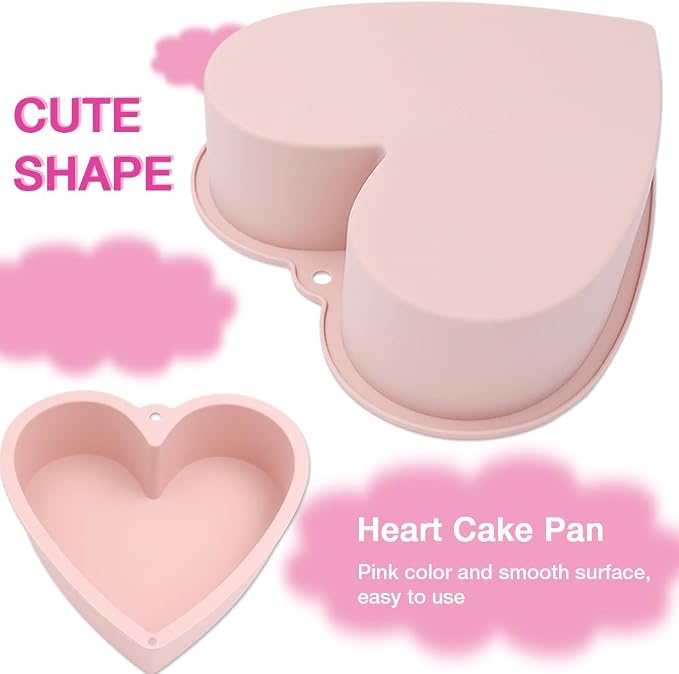 Alimat PluS 8 Inch Heart Shaped Cake Pans Set of 2 with Hanging Hole(Pink) | Silicone Material
