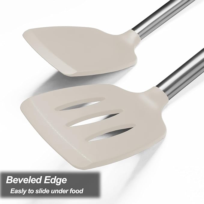 2 Pack Spatulas, Solid & Slotted Silicone Spatula Set, Stainless Steel Handle Coated with Silicone, Non Stick Turners, Heat Resistant Rubber Spatulas for Fish, Eggs, Pancakes, Khaki