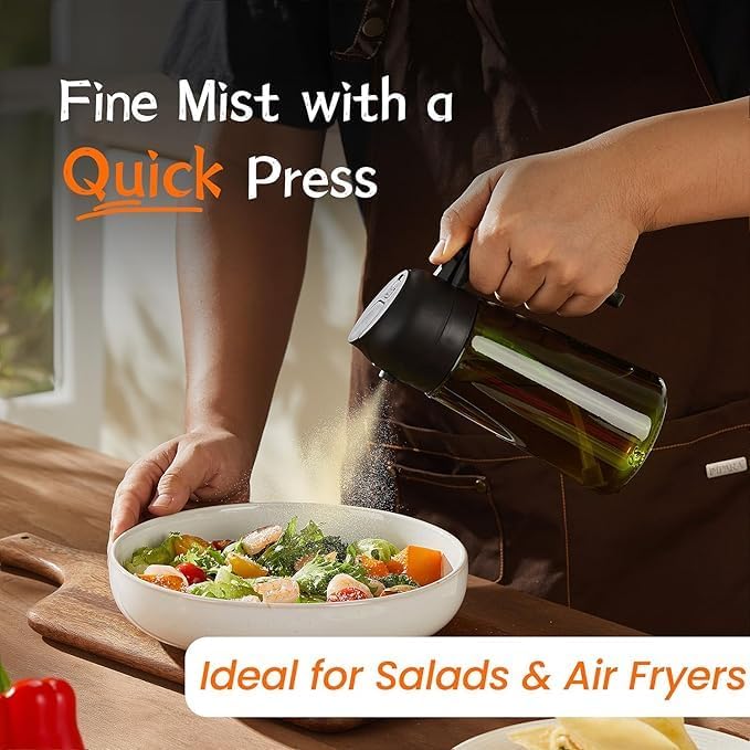 2-in-1 Olive Oil Sprayer & Dispenser, Leakproof 16oz Refillable Glass Spray Bottle for Cooking, Air Fryer & Salad