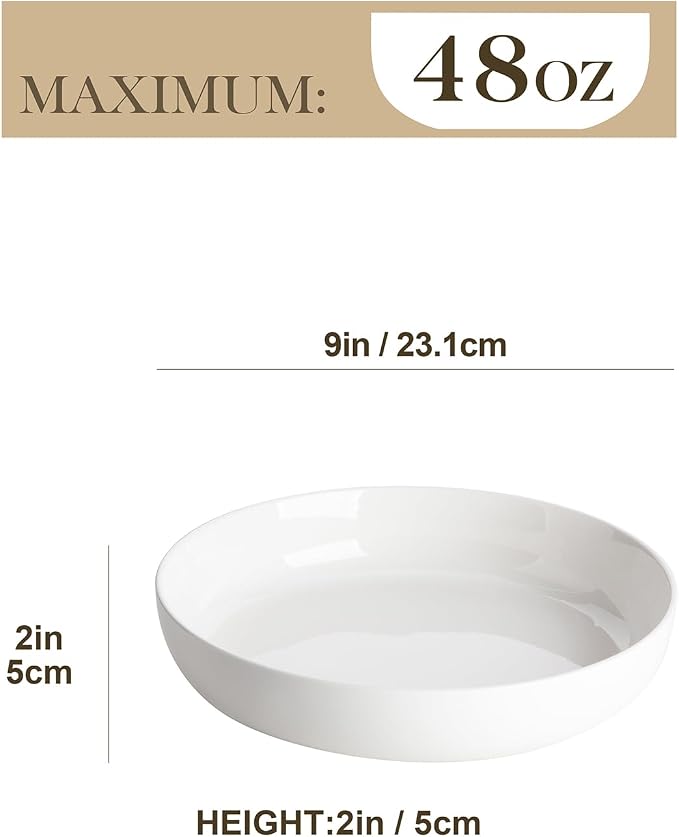 MALACASA 48 Oz Pasta Bowls Set of 4, Ceramic Salad Bowls, White | Microwave, Oven (482F), and Dishwasher Safe, For Pasta, Salad, Cereal, and Soup, 9 Inch Wide Shallow Design, Stackable, LUNA