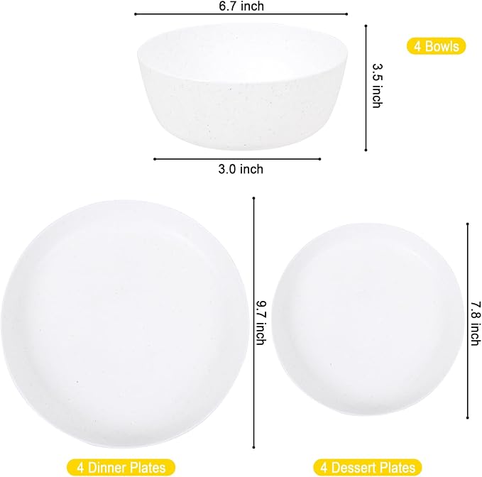 EjonirInjonir 12pcs Wheat Straw Dinnerware Sets for Camping, Unbreakable | Deep Wheat Straw Plates and White Dish Set for Indoor Outdoor Dining,Reusable Plastic Plates are Apartment Essentials
