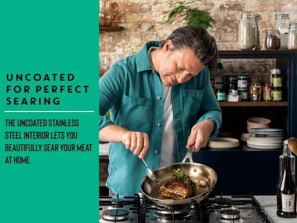 T-Fal Jamie Oliver Cooks Smart Stainless Steel Skillet Frying Pan, 9.5 in | Stainless steel interior, Induction compatible, Oven safe to 500°F, Dishwasher safe, 90% recycled steel body