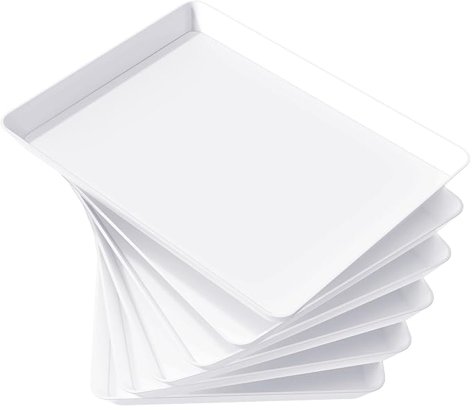 Lifewit 6 Pcs Extra Large Serving Tray for Party, 16" x 12" Reusable Plastic Food Serving Platter for Dessert, Fruit, Cookie, Appetizers & Charcuterie, BPA-Free White Catering Trays for Buffet Display