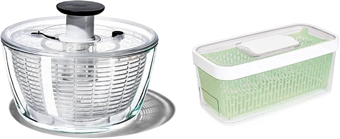OXO Good Grips Glass Salad Spinner (6.22 Quart) and OXO Good Grips GreenSaver Produce Keeper - Large (5 qt/4.7 L), White