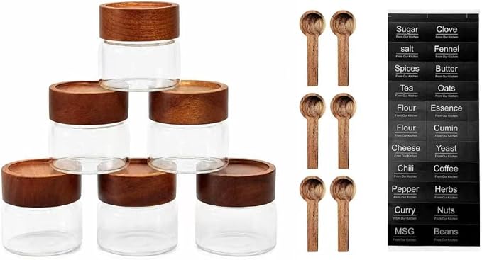 6‑Pack Small 4 Fl Oz (118 ml) Glass Jars w/Wood Lids & Spoons | Built‑in PP insert & silicone seal; airtight for oats, yogurt, spices, chia pudding & pantry