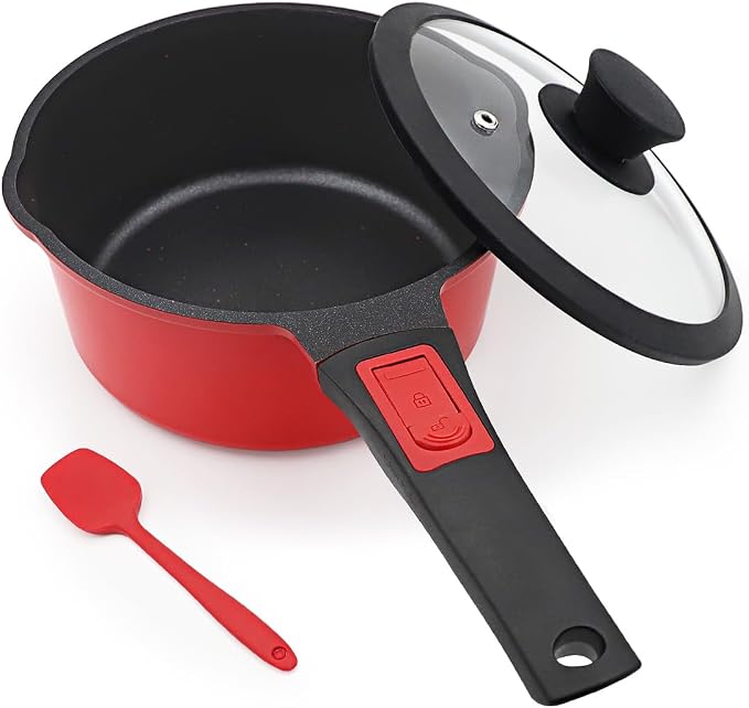 2.5 Qt Non Stick Sauce Pan with Lid, Nonstick Sauce Pot & Saucepan with Pour Spout, Milk Pan Pasta Pot, Mini Cooking Pot Induction Compatible, Detachable Handle, Oven Safe, PFOA Free, Red | Milk pan with removable handle. Suitable for all types of cook...