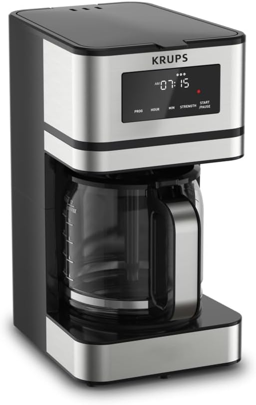 KRUPS Programmable 12-Cup Drip Coffee Maker Machine with 3 Brew Strengths | 24-hour programmable brewing, 3 brew strengths (mild, medium, bold), Flavor-Max technology, 4-hour keep warm