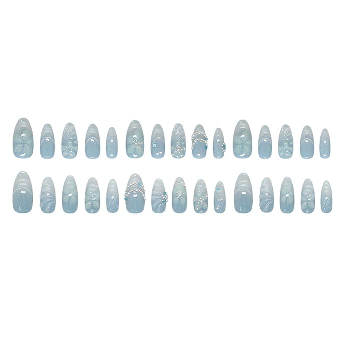 30Pcs Blue Flower Press On Nails Medium Almond False Nails Glitter Blue Cat Eye Fake Nails with 3D Flower Pearl Rhinestone Design Reusable Acrylic Nails Summer Beach Glue On Nails for Women Manicure