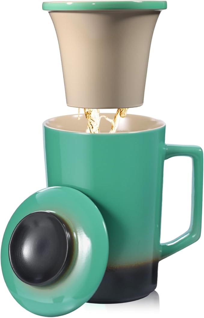 15 oz Ceramic Tea Infuser Cup with Lid - Tea Mug with All Porcelain Strainer for Loose Leaf Teas,Microwave and Dishwasher Safe,Metal-Free,BPA-Free for Tea Lovers/Birthday(Green)