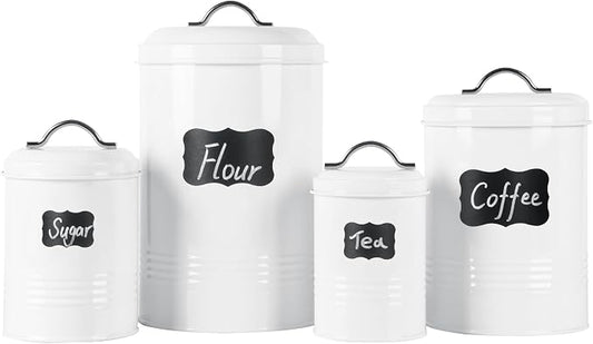 Brightalk Nesting Canisters Sets for the Kitchen, Set of 4 Airtight White Farmhouse Canister Jars with Removable Chalkboard Labels and Marker, for Flour Sugar Coffee Tea Storage