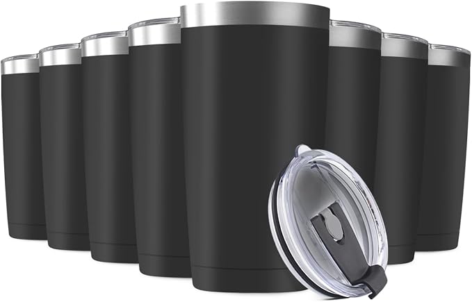 8 Pack 20oz Tumbler Vacuum Insulated Travel Mug with Lids, Stainless Steel Double Wall Bulk Cup for Home, Office, Outdoor Suitable for Vehicle Cup Holders(Black)