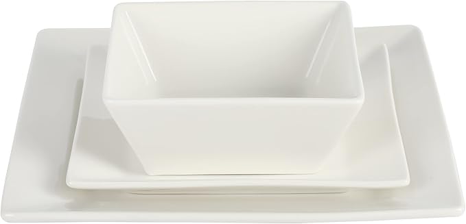 Gibson Home Zen Buffet Hard Square Porcelain Chip and Scratch Resistant Dinnerware Set, White, Service for 8 (24pcs)