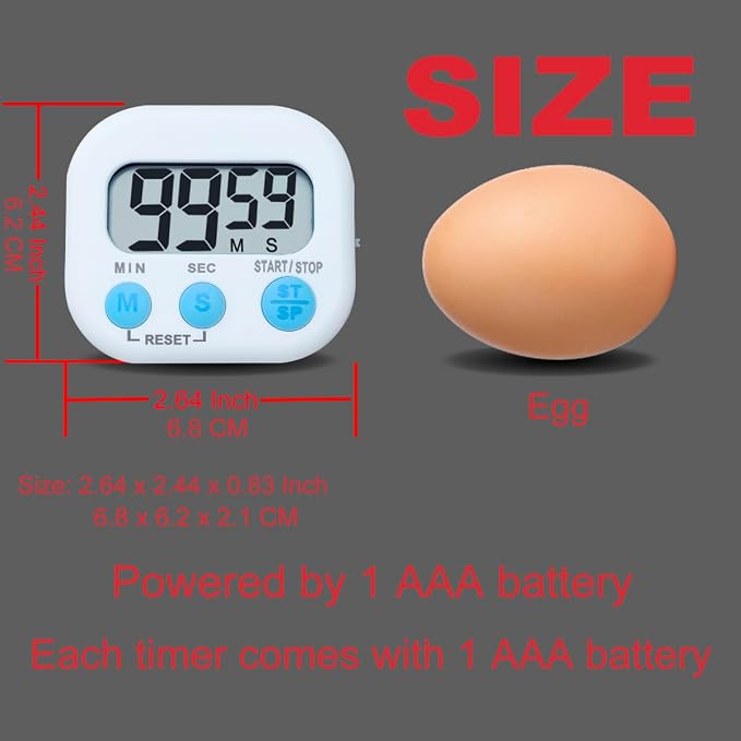 Digital Kitchen Timers, BESTWYA Electronic Timer (6, White) | LCD Screen Big Buttons On/Off Switch Count Up and Down Function for Kitchen,Study,Work,Exercise Training,Outdoor Activities
