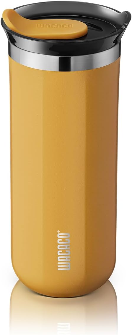 WACACO Octaroma Grande Vacuum Insulated Coffee Mug, 15 fl oz (435ml), Double-wall Stainless Steel Travel Tumbler With Drinking Lid, Amber Yellow