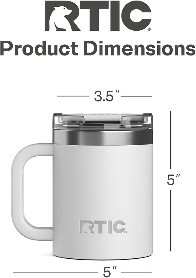 RTIC 12oz Essential Mug with Lid and Handle, Ceramic Lined, White | Stainless Steel Metal, Insulated Travel Cup for Hot and Cold Drinks, Coffee, Car, Camping and Travel