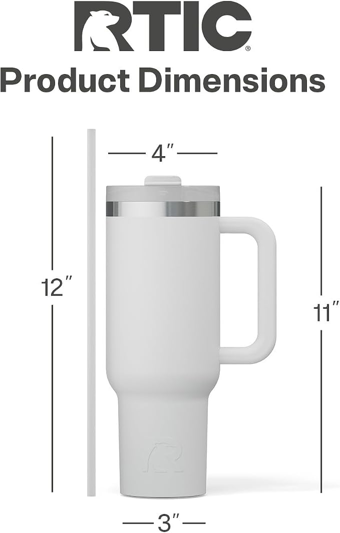 RTIC 40 oz Road Trip Tumbler Double-Walled Cermaic Lined Insulated Stainless Steel Portable Travel Coffee Mug Cup with Lid, Handle and Straw, Cool Grey