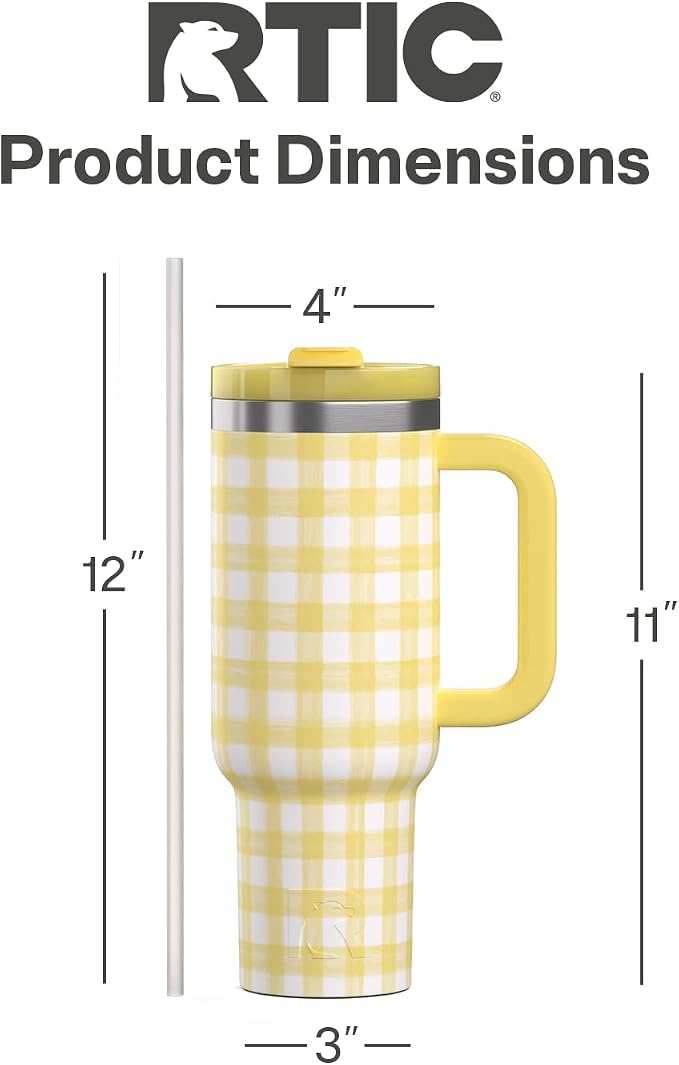 RTIC 40 oz Road Trip Tumbler Double-Walled Cermaic Lined Insulated Stainless Steel Portable Travel Coffee Mug Cup with Lid, Handle and Straw, Sunlight Gingham