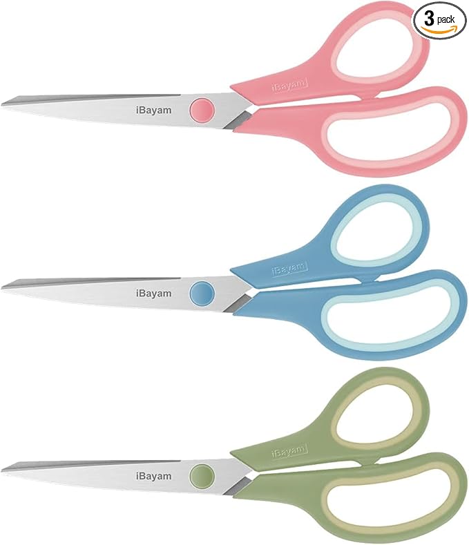 iBayam 8.5" Pastel Scissors All Purpose Heavy Duty 3Pack, 2.5mm Sharp Blade | Soft Comfort-grip | Left/Right Handed | Cuts cardboard, fabric, vinyl & leather | office, classroom, school & craft desk