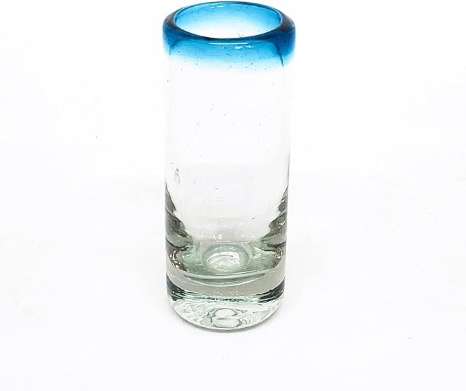 Aqua Blue Rim 2 oz Tequila Shot Glasses (set of 6), Recycled Glass, Lead-free, Toxin-Free (Shot)
