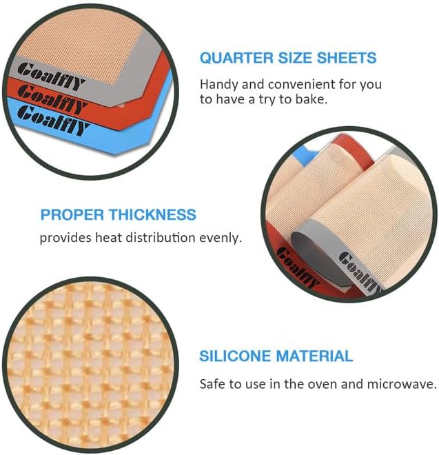 Small Silicone Baking Mat, Quarter Sheet (11.8 x 8.5 In), 3 Pack | Non-stick, Heat-resistant, Reusable, For Oven, Toaster, Baking Pan, Air Fryer