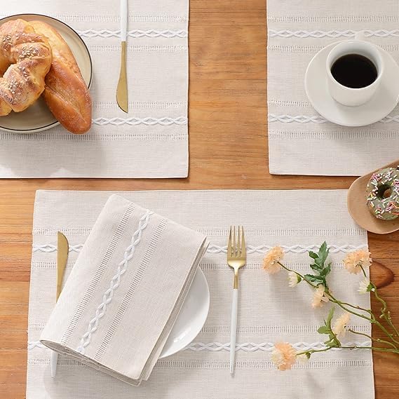 Wracra Cotton Linen Place Mats, Ivory Embroidered Placemats Set of 6 | Placemats 12 x 18 Inch; Cotton Linen Woven Fabric; Heat Resistant Table Mats; Raised Embroidered Hollow Design