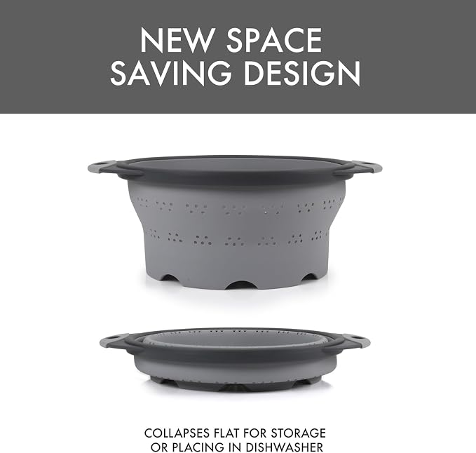 Dexas 10" Collapsible Silicone Colander in Cool Grey, Kitchen Strainer with Handles, 15.1 Cup Capacity | BPA-Free, Heat-Resistant, Space-Saving Kitchen Tool