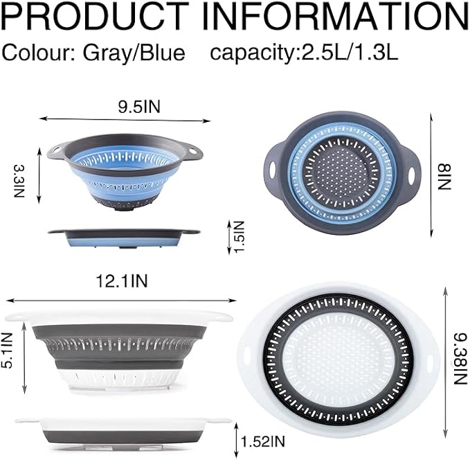 Collapsible Colander Set, Square Round Triangles Silicone Kitchen Strainer Perfect for Draining Pasta Vegetable fruit 2 PCS (Gray&Blue, 12"L x 9.5"W x 2.3"H)