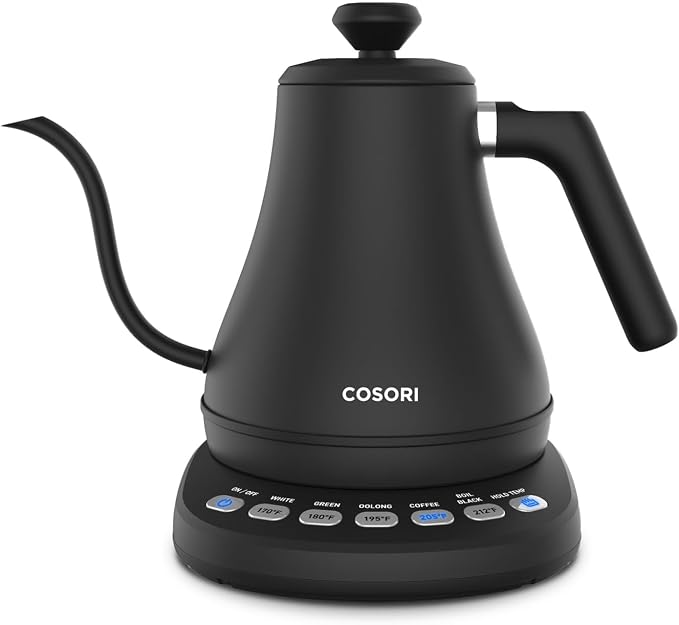 Cosori Gooseneck Electric Kettle with Temperature Control, 0.8L, Black | No Plastic Contact with Water, 5 Presets, 60-Min Keep Warm, Pour Over Coffee & Tea, Stainless Steel Interior, 1200W