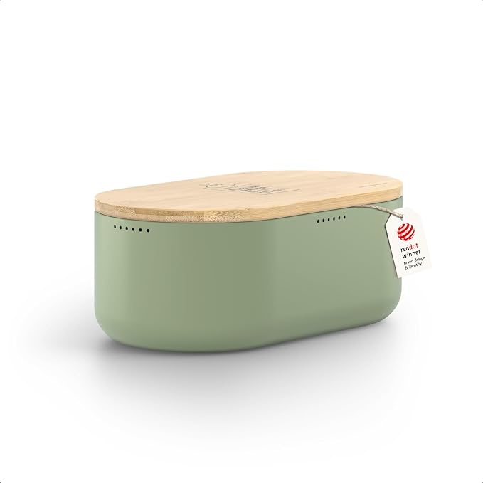 LARS NYSØM Bread Box I Metal Box for long lasting freshness I Bread Bin with bamboo lid usable as cutting board I 13.8x7.7x5.3 In (Nordic Sage)