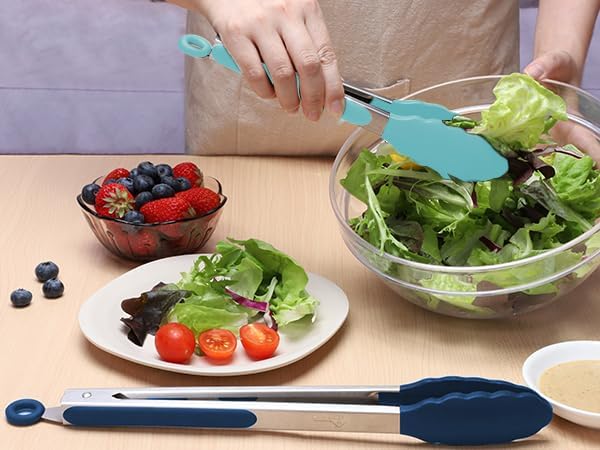 HOTEC Premium Stainless Steel Locking Kitchen Tongs with Silicon Tips, Set of 3-7", 9" and 12" (Gradient Blue)