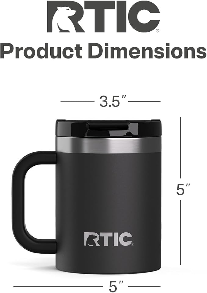 RTIC 12oz Essential Mug with Lid and Handle, Ceramic Lined, Black | Stainless Steel Metal, Insulated Travel Cup for Hot and Cold Drinks, Coffee, Car, Camping and Travel