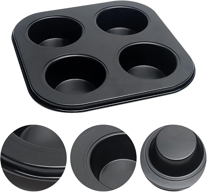 4 Cup Muffin Pan for Oven Baking, Carbon Steel Cupcake Baking Pan Nonstick Round Mini Muffin Tin Pie Pans Cake Mold for Making Muffins Cupcakes Frittatas Tarts Pudding(Black 1 pc)