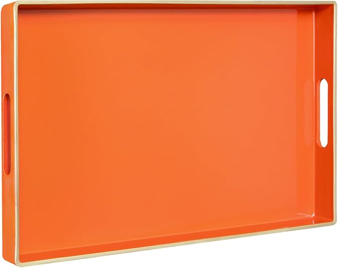 Orange Decorative Tray for Coffee Table, Serving Tray with Handles | Plastic Melamine Tray, Modern Ottoman Tray, Rectangular Countertop Organizer Tray for Living Room, 15.8"L x 10.2"W x 1.4"H