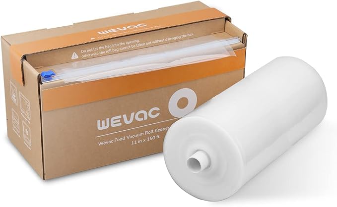 Wevac Vacuum Sealer Bags for Food, 11"x150' Roll, Fits Food Saver Machines | Roll Keeper with Cutter, BPA free, Commercial Grade, Heavy Duty, Freezer Safe, Sous Vide, Storage, Meal Prep, Meat, Fish,Soup