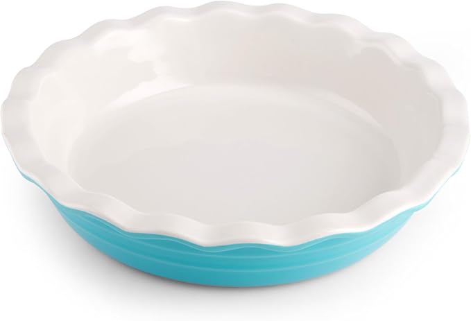 Farberware Bakers Advantage 10 Inch Ceramic Pie Dish - Two-Tone Teal and Ivory Stoneware Pie Pan with Scalloped Edge for Even Baking, Quiche, Casseroles