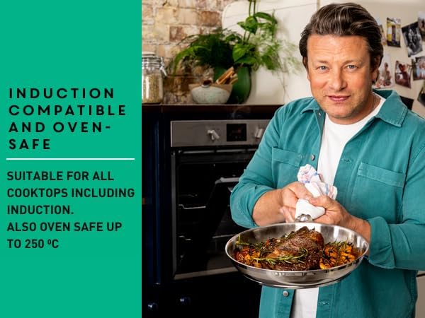 T-Fal Jamie Oliver Cooks Smart Stainless Steel Skillet Frying Pan, 9.5 in | Stainless steel interior, Induction compatible, Oven safe to 500°F, Dishwasher safe, 90% recycled steel body