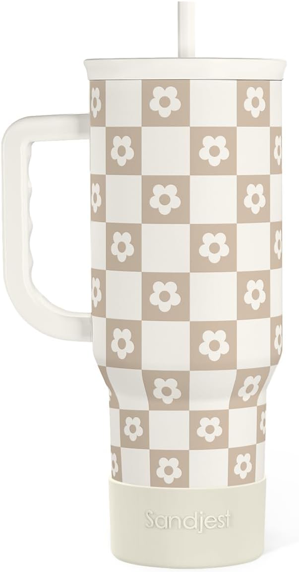 SANDJEST Checker Tumbler with Handle and Straw 40oz – Stainless Sleel Slider Tumbler Travel Coffee Mug for Women - Gift Idea for Birthday Christmas