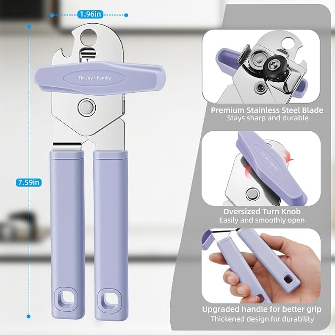Tin Joy Family™ Manual Can Opener – Sharp Blade with No Sharp Edges, Easy Grip Handle for Arthritis Hands, Smooth Lid Safety Cutter for Elderly & Weak Hands (Grape purple)