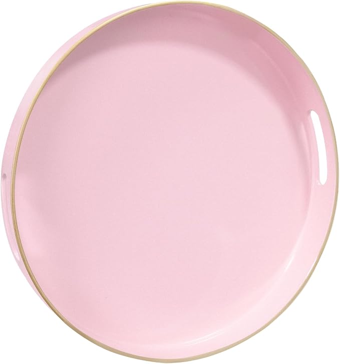 13" Pink Decorative Tray, Plastic Round Serving Tray with Handles | Decorative Tray for Coffee Table, Modern Ottoman Tray, Circle Tea Tray, Round Melamine Tray for Living Room, Bathroom