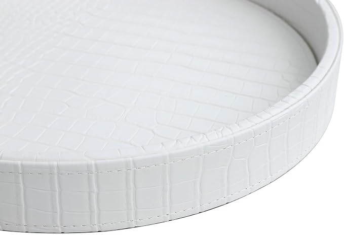HofferRuffer Faux Leather Round Serving Tray, Vegan Croco Leather Decorative Food Tray for Storage Drinks, Snack & Cosmetics, Dia.12'' x 1.6'' (White Croco, 12'')